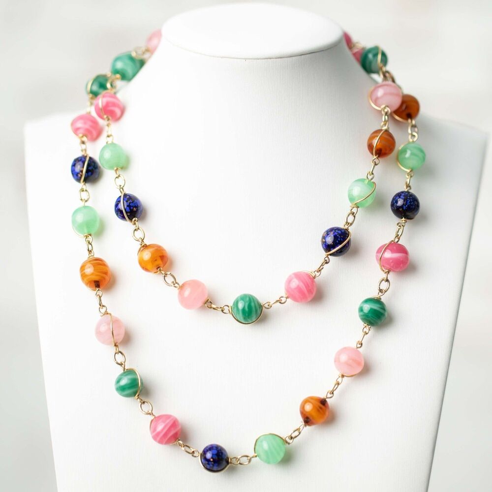 Long Multicolor Art Glass Bead Necklace Pink Green Blue Orange Gold Tone Vintage